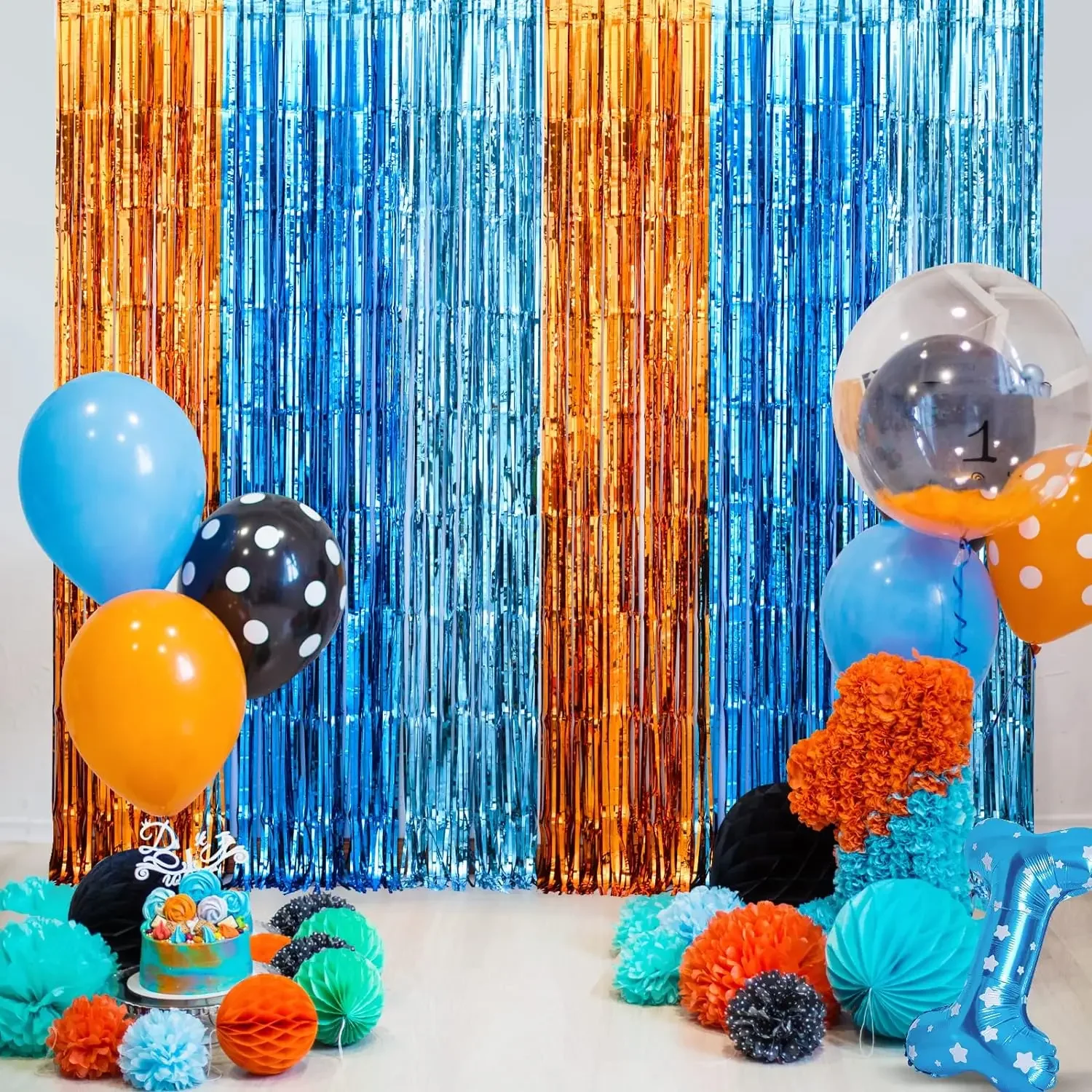 Pet Supplies Store - Orange Blue Dog Foil Fringe Curtains